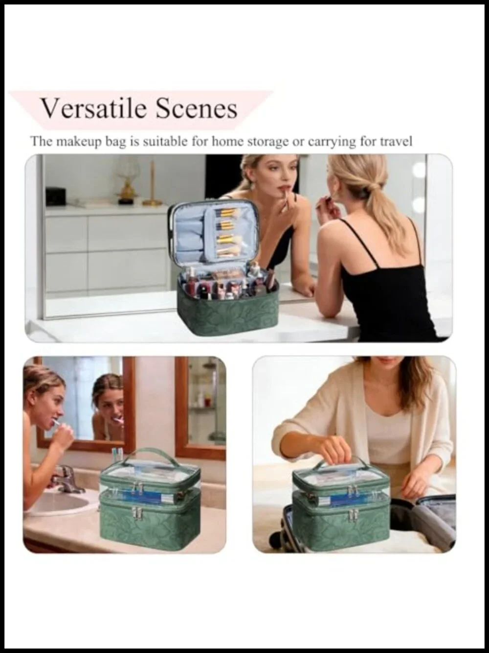 Double Layer Cosmetic Makeup Bag with Brush Storage, Waterproof Leather Floral